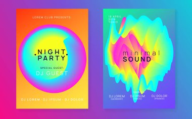 Müzik afişi. Elektronik ses. Gece dansı yaşam tarzı tatili. Akışkan holografik gradyan şekil ve çizgi. Parlak Trance parti örtüsü şablonu. Yaz festivali ilanı ve müzik afişi..