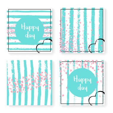 Çizgili düğün konfetisi. Davetiye ayarlandı. Nane ve beyaz arka planda pembe kalpler ve noktalar. Parti için düğün konfetisi şablonu, etkinlik, gelin partisi, tarih kartını kaydet.