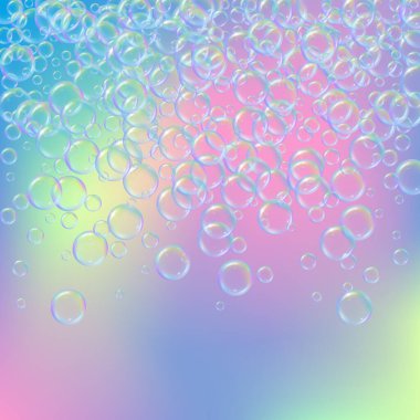 Arkaplanda sabun köpüğü var. Gerçekçi su kabarcıkları 3 boyutlu. Şampuan köpüklü serin gökkuşağı renkli sıvı köpük. Kozmetik broşür ve davetiye. Banyo ve duş için sabun. Vektör EPS10.