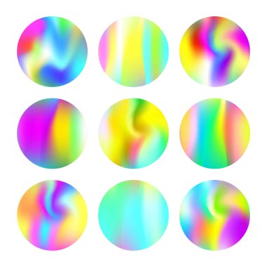 Gradyan yuvarlak set ve holografik ağ. Soyut eğimli, zarif, yuvarlak arka planlar. 90 'lar, 80' ler modası. Broşür, el ilanı, poster, duvar kağıdı, mobil ekran için Pearlescent grafik şablonu.