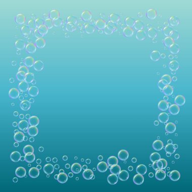 Banyo köpüğü eğimli arka planda. Gerçekçi su kabarcıkları 3 boyutlu. Şampuan köpüklü soğuk gökkuşağı renkli sıvı. Kozmetik broşür ve davetiye. Banyo köpüğü ve duş için. Vektör EPS10.