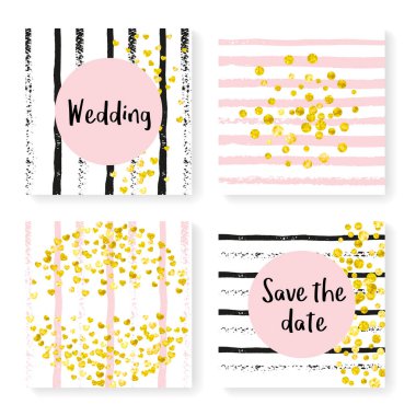 Parlak konfeti ve çizgili düğün davetiyesi. Siyah ve pembe arka planda altın kalpler ve noktalar. Düğün davetiyesi şablonu parti, etkinlik, düğün partisi, tarih kartını kaydet.