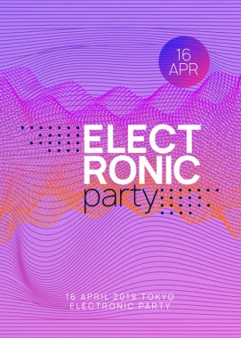 Kulüp broşürü. Geometrik konser broşürü. Dinamik gradyan şekil ve çizgi. Neon Club broşürü. Elektro dans müziği. Trance parti DJ 'i. Elektronik ses festivali. Tekno olay posteri.