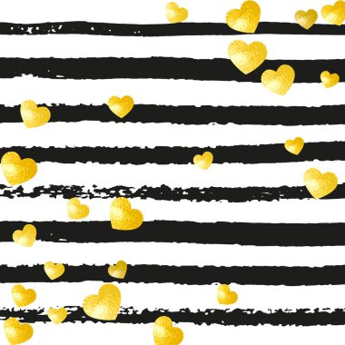 Siyah çizgili altın parıldayan kalpler konfetisi. Işıltılı ve parıltılı parlak pullar. Kutlama kartı için altın parıltılı kalpler, gelin partisi ve davetiye kaydedin..