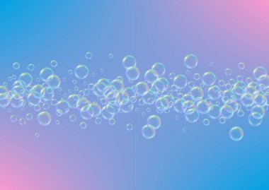 Arkaplanda sabun köpüğü var. Gerçekçi su kabarcıkları 3 boyutlu. Şampuan köpüklü serin gökkuşağı renkli sıvı köpük. Yatay kozmetik broşür ve davetiye. Banyo ve duş için sabun köpüğü. Vektör EPS10.