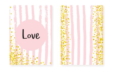 Noktalı ve pullu altın renkli kartlar. Düğün ve düğün davetiyesi konfeti ile ayarlandı. Dikey çizgili arka plan. Parti için şık altın parıltılı kartlar, olay, tarih ilanını kaydet.