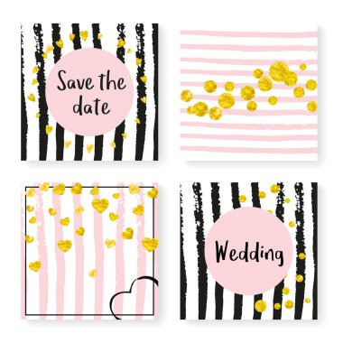 Parlak konfeti ve çizgili düğün davetiyesi. Siyah ve pembe arka planda altın kalpler ve noktalar. Düğün davetiyeli tasarım parti, etkinlik, düğün partisi, tarih kartı kaydet.