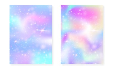 Kawaii gökkuşağı gradyanı olan prenses arkaplanı. Sihirli tek boynuzlu at hologramı. Holografik peri seti. Canlı bir fantezi kapağı. Hoş kız partisi daveti için pırıltılı ve yıldızlı prenses arkaplanı.