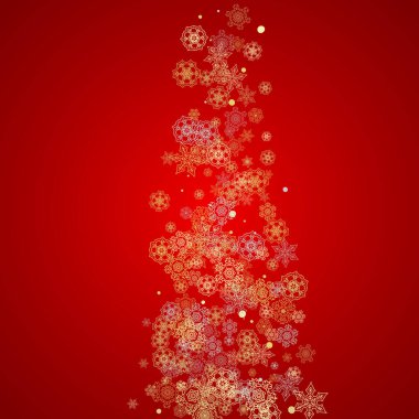 Kırmızı arka planda Noel karı. Mevsimlik kış afişleri için ışıltılı çerçeve, hediye kuponu, kupon, reklam, parti etkinliği. Noel Baba 'nın renkleri altın Noel karıyla boyanır. Tatil için düşen kar taneleri