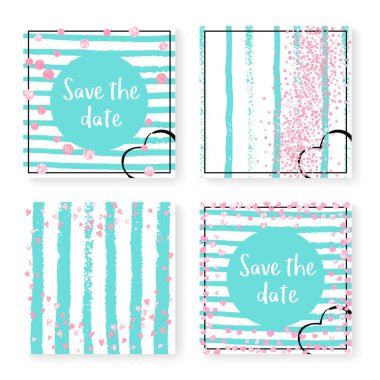 Parlak konfeti ve çizgili düğün davetiyesi. Nane ve beyaz arka planda pembe kalpler ve noktalar. Düğün davetiyeli tasarım parti, etkinlik, düğün partisi, tarih kartı kaydet.