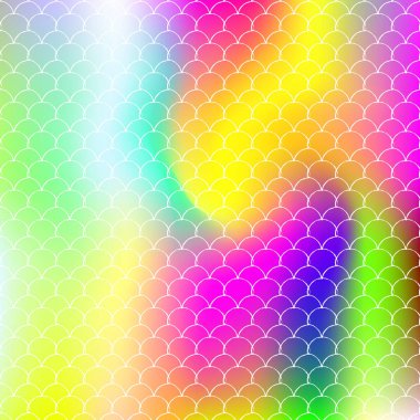 Deniz kızı, arka planda holografik gradyan ile ölçeklenir. Parlak renk değişimi. Balık kuyruğu afişi ve davetiye. Kızlar için su altı ve deniz şablonu. Deniz kızı pullarıyla şık bir zemin.