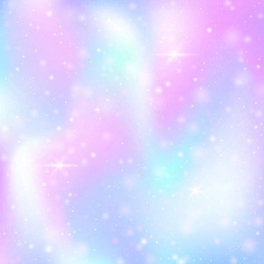 Gökkuşağı örgülü peri arkaplanı. Prenses renginde sevimli evren afişi. Hologramla fantezi gradyanı. Sihirli parıltıları, yıldızları ve bulanıklıkları olan holografik peri arkaplanı.