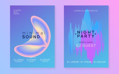 Müzik festivali seti. Elektronik ses. Gece dansı yaşam tarzı tatili. Akışkan holografik gradyan şekil ve çizgi. Minimum disko gösterisi dergisi şablonu. Yaz posteri ve müzik festivali broşürü.