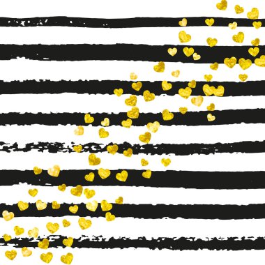 Siyah çizgili altın parıldayan kalpler konfetisi. Metalik pırıltılı ve parıltılı sekolar. Parti davetiyesi, bayrak, tebrik kartı, düğün duşu için altın parıltılı kalpler tasarla.