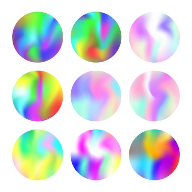 Holografik soyut arkaplanlar ayarlandı. Gradyan örgülü minimum holografik arkaplan. 90 'lar, 80' ler modası. Pankart, el ilanı, kapak, mobil arayüz, web uygulaması için Pearlescent grafik şablonu.