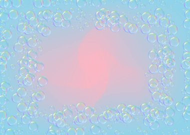 Banyo köpüğü eğimli arka planda. Gerçekçi su kabarcıkları 3 boyutlu. Şampuan köpüklü serin gökkuşağı renkli sıvı köpük. Yatay kozmetik broşür ve davetiye. Banyo köpüğü banyo ve duş için..