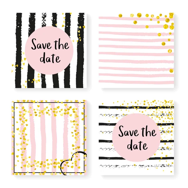 Wedding Confetti Stripes Invitation Set Gold Hearts Dots Black Pink — Stock Vector