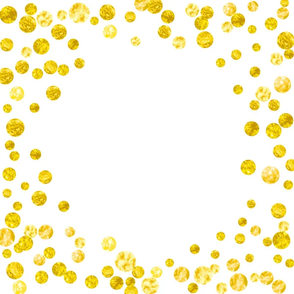 Arkaplanda noktalar olan altın parıltısı konfetileri. Parlak parıltılı pullarla rastgele düşen pullar. Parti davetiyesi, bayrak, tebrik kartı, düğün öncesi parti için altın parıltılı konfeti şablonu.