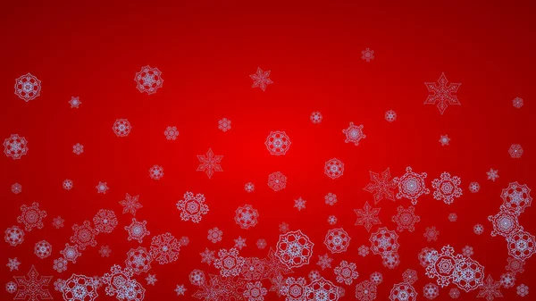 赤い背景に雪のフレークでクリスマスフレーム サンタクロースの色 休日のバナー カード 特別オファーのための水平クリスマスフレーム お祝いのためにボケとフレークで雪が降る — ストックベクタ