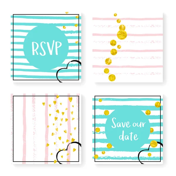 Rayas Boda Con Confeti Brillante Conjunto Invitación Corazones Puntos Dorados — Archivo Imágenes Vectoriales