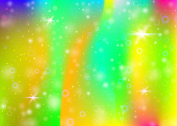 虹色のメッシュで魔法の背景 プリンセスカラーのトレンディな宇宙バナー ホログラムでファンタジーグラデーションの背景 妖精の輝きとホログラフィックな魔法の背景 星とぼかし — ストックベクタ