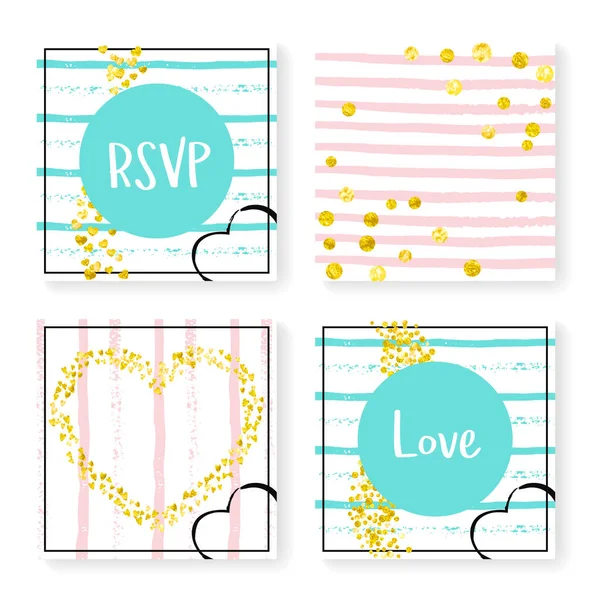 Wedding Confetti Stripes Invitation Set Gold Hearts Dots Pink Mint — Stock Vector