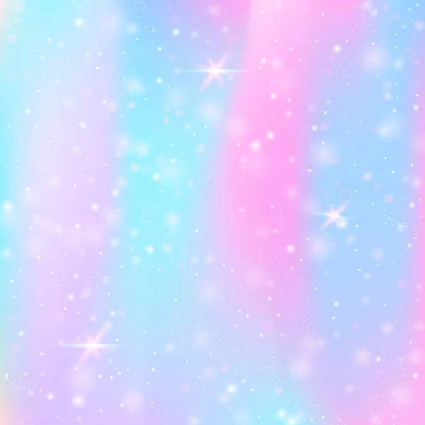 虹のメッシュと妖精の背景 プリンセスカラーのガーリッシュ宇宙バナー ホログラムでファンタジーグラデーションの背景 魔法の輝きとホログラフィック妖精の背景 星とぼかし — ストックベクタ