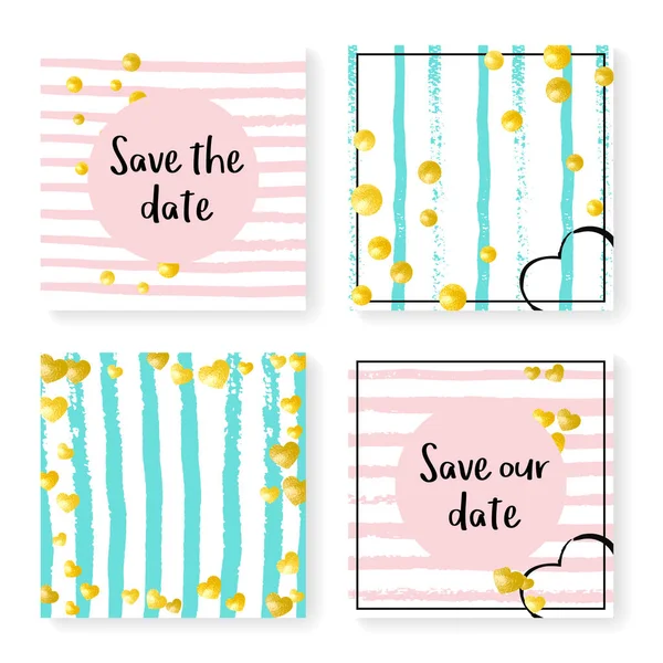 Wedding Invite Set Glitter Confetti Stripes Gold Hearts Dots Pink — Stock Vector