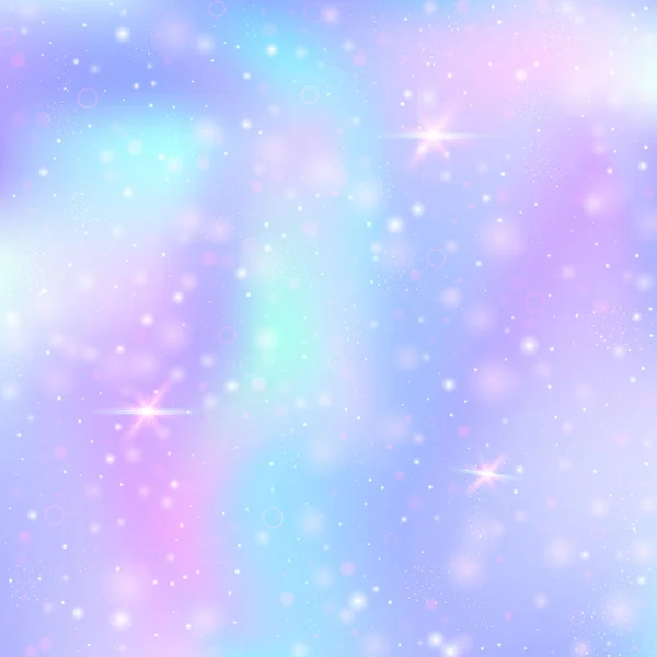 虹色のメッシュで魔法の背景 プリンセスカラーのカラフルな宇宙バナー ホログラムでファンタジーグラデーションの背景 妖精の輝きとホログラフィックな魔法の背景 星とぼかし — ストックベクタ