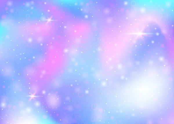 虹色のメッシュでホログラフィックな背景 プリンセスカラーのトレンディな宇宙バナー ホログラムでファンタジーグラデーションの背景 妖精の輝きとホログラフィックな魔法の背景 星とぼかし — ストックベクタ