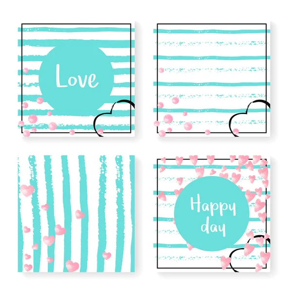 Çizgili düğün simleri konfetisi. Davetiye ayarlandı. Nane ve beyaz arka planda pembe kalpler ve noktalar. Parti, etkinlik, gelin partisi için düğün simli tasarım, tarih kartını kaydet.