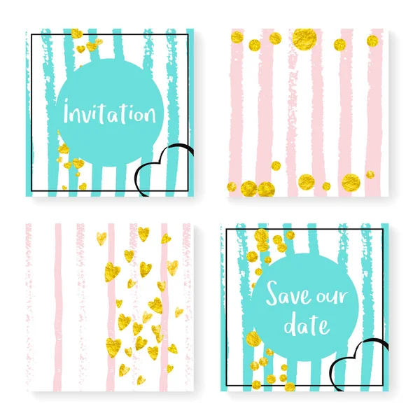 Wedding Stripes Glitter Confetti Invitation Set Gold Hearts Dots Pink — Stock Vector