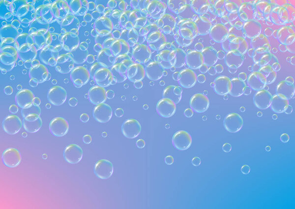Soap foam on gradient background. Realistic water bubbles 3d. Cool rainbow colored liquid foam with shampoo bubbles. Horizontal cosmetic flyer and invite. Soap foam for bath and shower. Vector EPS10.