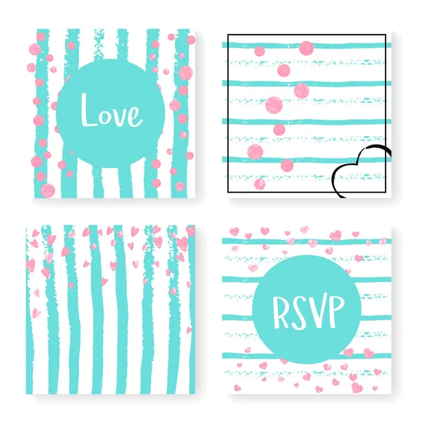 Wedding Invite Set Glitter Confetti Stripes Pink Hearts Dots Mint — Stock Vector