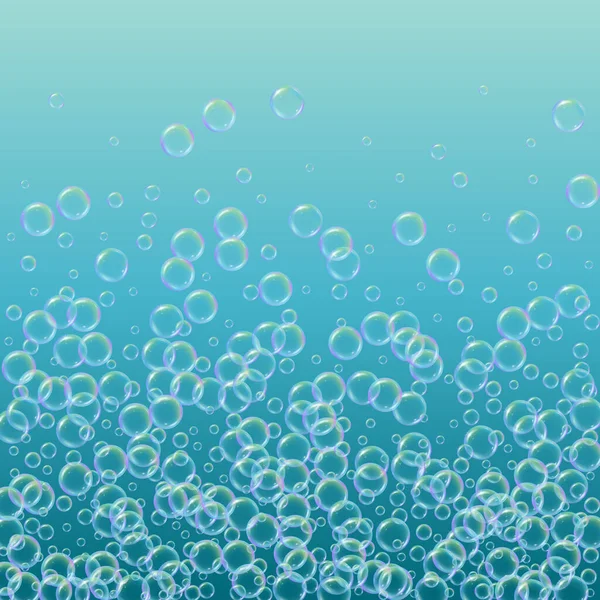 グラデーションの背景に石鹸泡 現実的な水の泡3D シャンプー泡でクールな虹色の液体泡 化粧品のチラシと招待 お風呂やシャワー用の石鹸 ベクトルEps10 — ストックベクタ