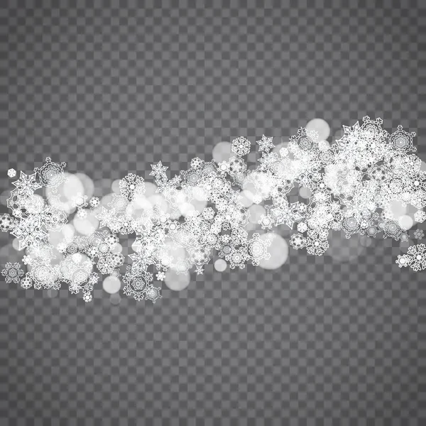 透明な灰色の背景に孤立した雪片 パーティー招待状 バナー 販売のための冬の販売 クリスマスと新年のデザイン 冬の雪の窓 魔法の結晶孤立雪片 銀フレーク — ストックベクタ