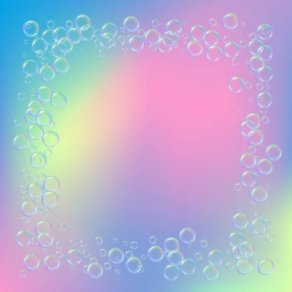Badschuim Hellende Ondergrond Realistische Waterbellen Koele Regenboog Gekleurde Vloeistof Met — Stockvector