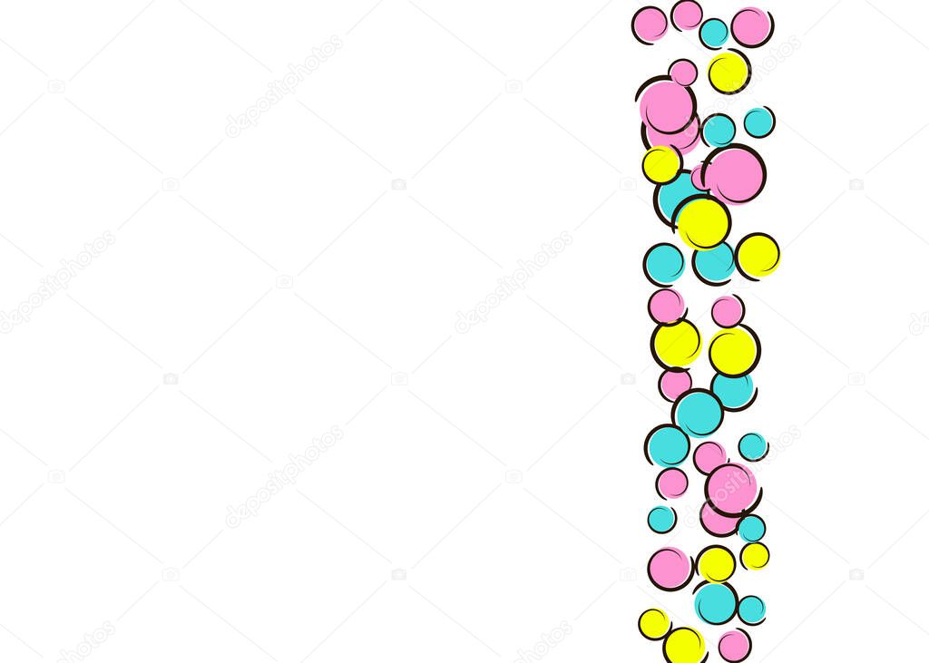 Polka dot background with comic pop art confetti. Big colored spots, spirals and circles on white. Vector illustration. Colorful kids splatter for birthday party. Rainbow polka dot background.