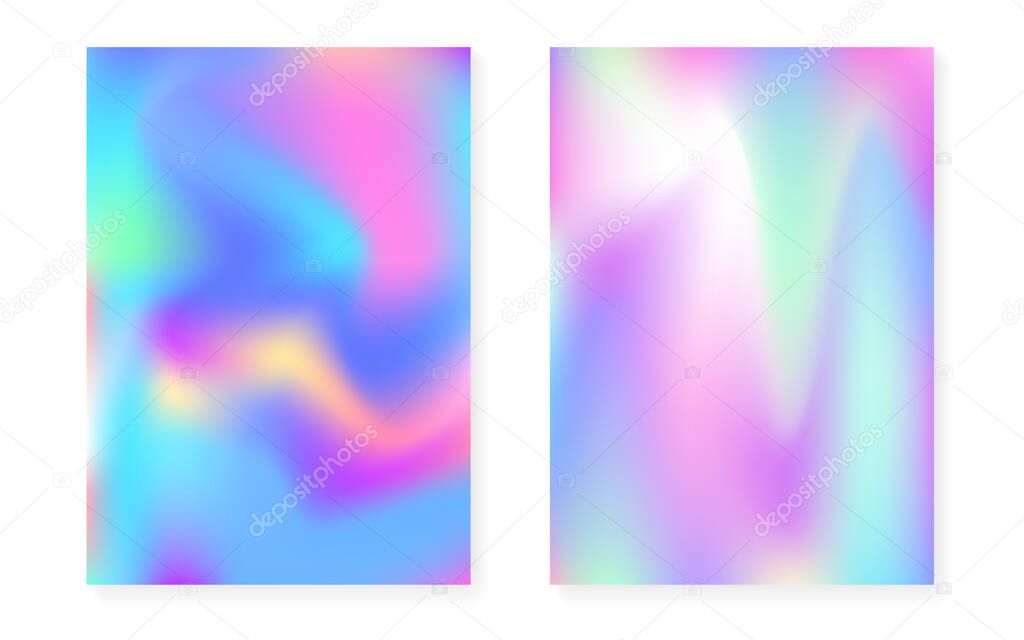 Holographic gradient background set with hologram cover. 90s, 80s retro style. Pearlescent graphic template for brochure, banner, wallpaper, mobile screen. Trendy minimal holographic gradient.