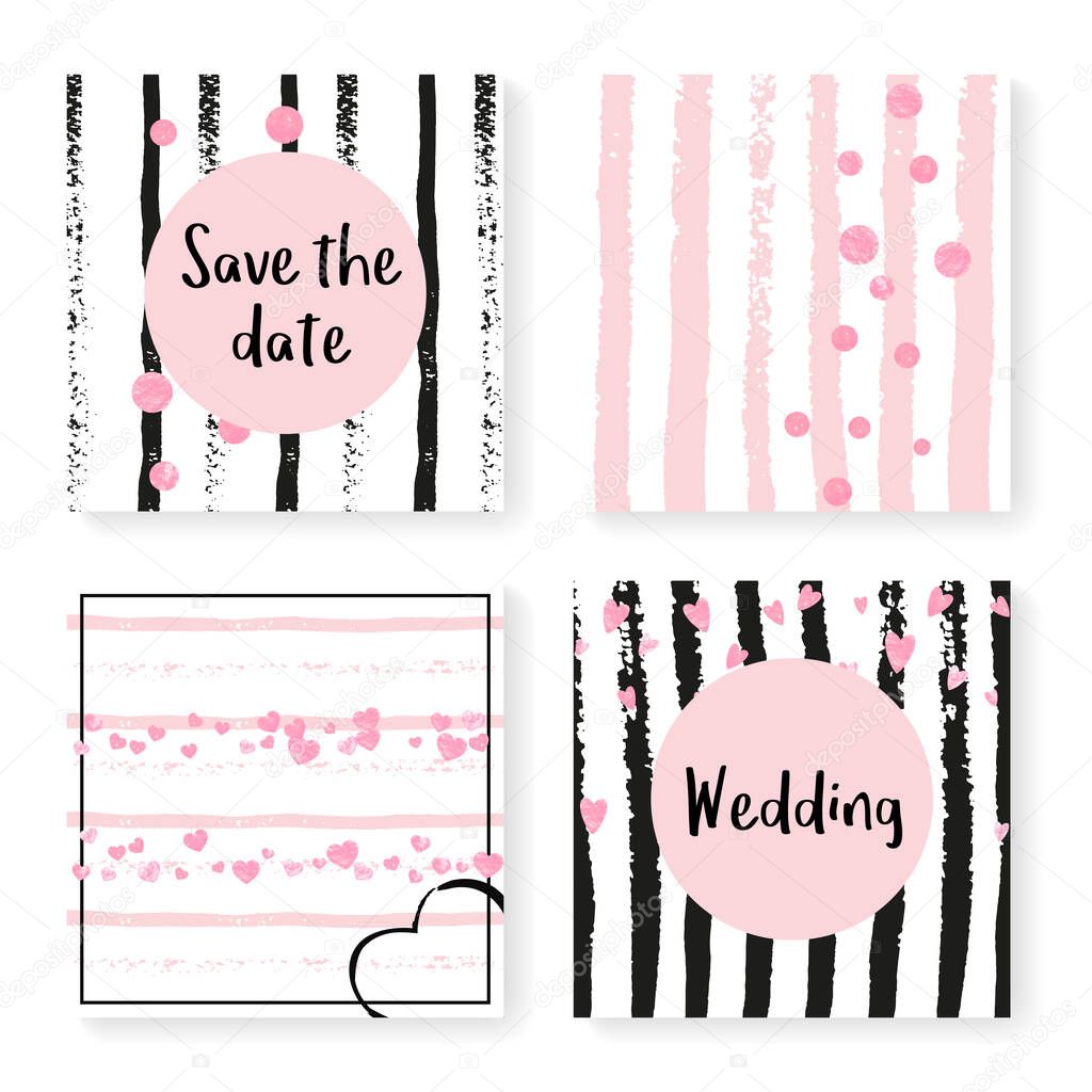 Wedding invite set with glitter confetti and stripes. Pink hearts and dots on black and pink background. Template with wedding invite set for party, event, bridal shower, save the date card.