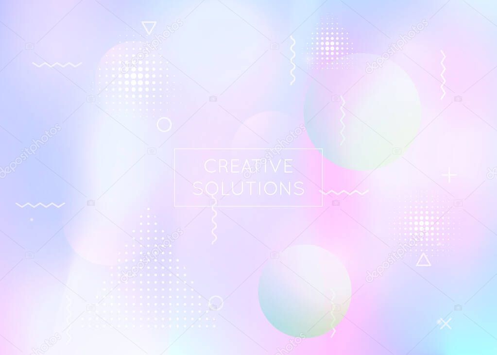 Dynamic shape background with liquid fluid. Holographic bauhaus gradient with memphis elements. Graphic template for book, annual, mobile interface, web app. Plastic dynamic shape background.