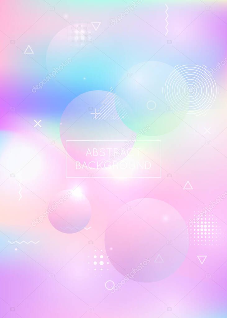 Dynamic shape background with liquid fluid. Holographic bauhaus gradient with memphis elements. Graphic template for brochure, banner, wallpaper, mobile screen. Vibrant dynamic shape background.