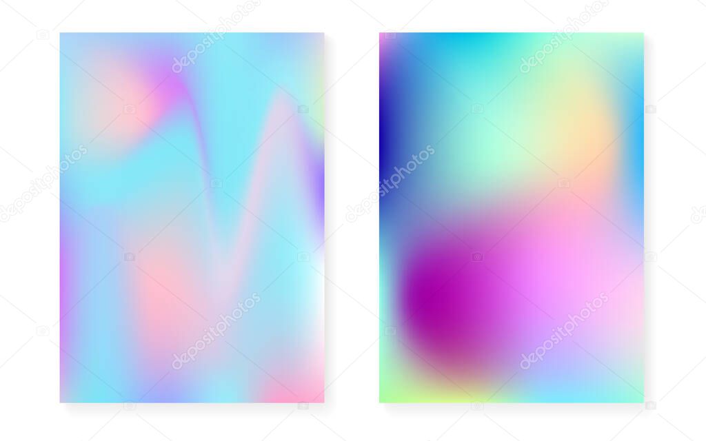 Hologram gradient background set with holographic cover. 90s, 80s retro style. Iridescent graphic template for brochure, banner, wallpaper, mobile screen. Spectrum minimal hologram gradient.