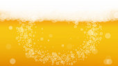 Pivní pěna. Šplouchání ležáku. Oktoberfest pozadí. Německý půllitr piva s realistickými bílými bublinkami. Chladný tekutý nápoj pro rozložení menu baru. Zlatý pohár s pivní pěnou.