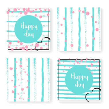 Parlak konfetiyle düğün çizgileri. Davetiye ayarlandı. Nane ve beyaz arka planda pembe kalpler ve noktalar. Parti, etkinlik, düğün öncesi parti için çizgili şablon, tarih kartını kaydet.