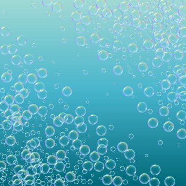 Banyo köpüğü eğimli arka planda. Gerçekçi su kabarcıkları 3 boyutlu. Şampuan köpüklü soğuk gökkuşağı renkli sıvı. Kozmetik broşür ve davetiye. Banyo köpüğü ve duş için. Vektör EPS10.