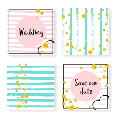 Parlak konfeti ve çizgili düğün davetiyesi. Pembe ve nane arkaplanda altın kalpler ve noktalar. Düğün davetiyeli tasarım parti, etkinlik, düğün partisi, tarih kartı kaydet.