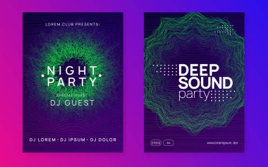 Ses telleri. Yaratıcı diskotek dergisi seti. Dinamik gradyan şekil ve çizgi. Neon ses ilanı. Elektro dans müziği. Elektronik festival etkinliği. Kulüp DJ posteri. Tekno trans partisi.