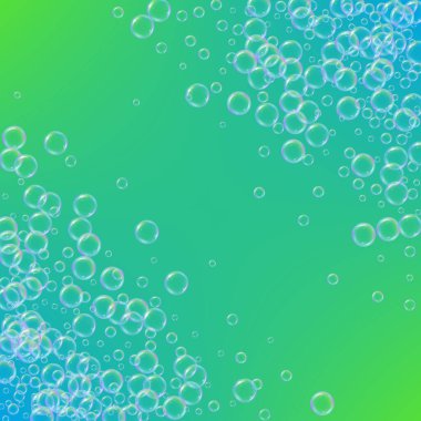 Arkaplanda sabun köpüğü var. Gerçekçi su kabarcıkları 3 boyutlu. Şampuan köpüklü serin gökkuşağı renkli sıvı köpük. Kozmetik broşür ve davetiye. Banyo ve duş için sabun. Vektör EPS10.