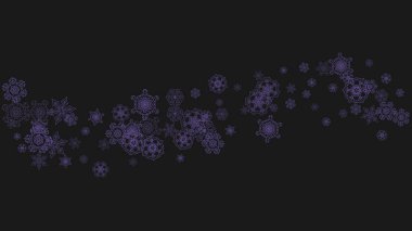 Kış çerçevesi menekşe karlı. Broşür için kar tanesi sınırı, hediye kartı, parti davetiyesi, perakende satış teklifi ve reklam. Noel arkaplanı ve bayram afişi. Yeni yıl karlı arkaplanı